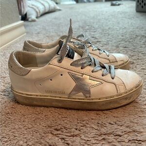 Golden Goose White and Silver Distressed Sneakers